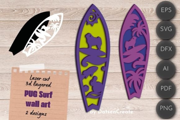 Surf Pug: 3D Layered SVG Wall Art